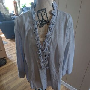 Women's Blue Striped Ruffled Top